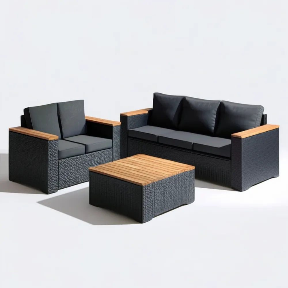 Czarny zestaw wypoczynkowy z plecionki PE z drewnem akacjowym, sofa 3-osobowa 180 × 70 × 70 cm, sofa 2-osobowa 130 × 70 × 70 cm i stolik 100 × 60 × 40 cm