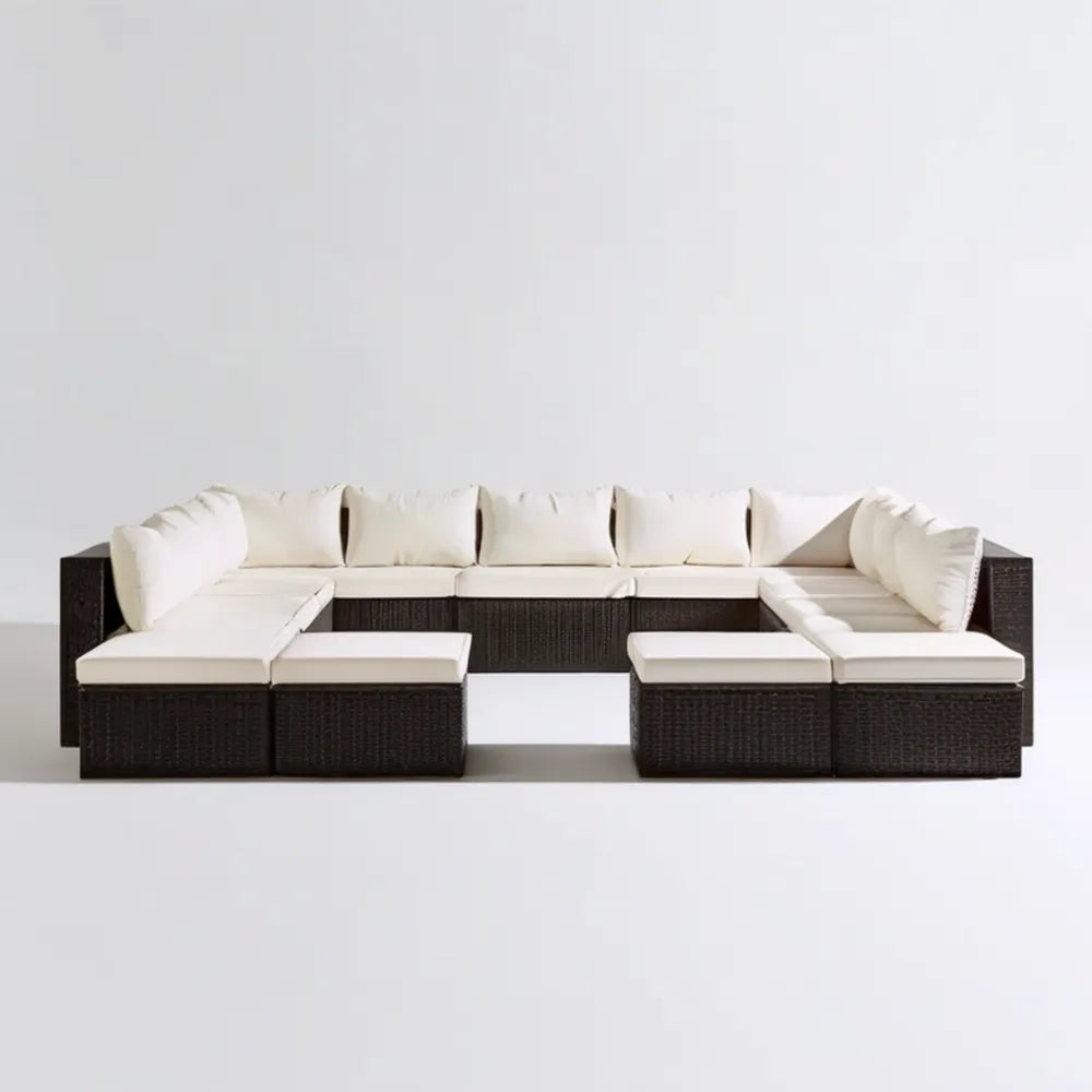 Modułowy zestaw wypoczynkowy z technorattanu PE w kształcie U, ciemnobrązowy z kremowymi poduszkami, 320 × 250 × 85 cm