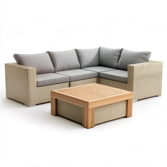 Narożny zestaw wypoczynkowy z technorattanu 215 × 215 × 68 cm ze stolikiem 100 × 60 × 45 cm, beżowo-szary