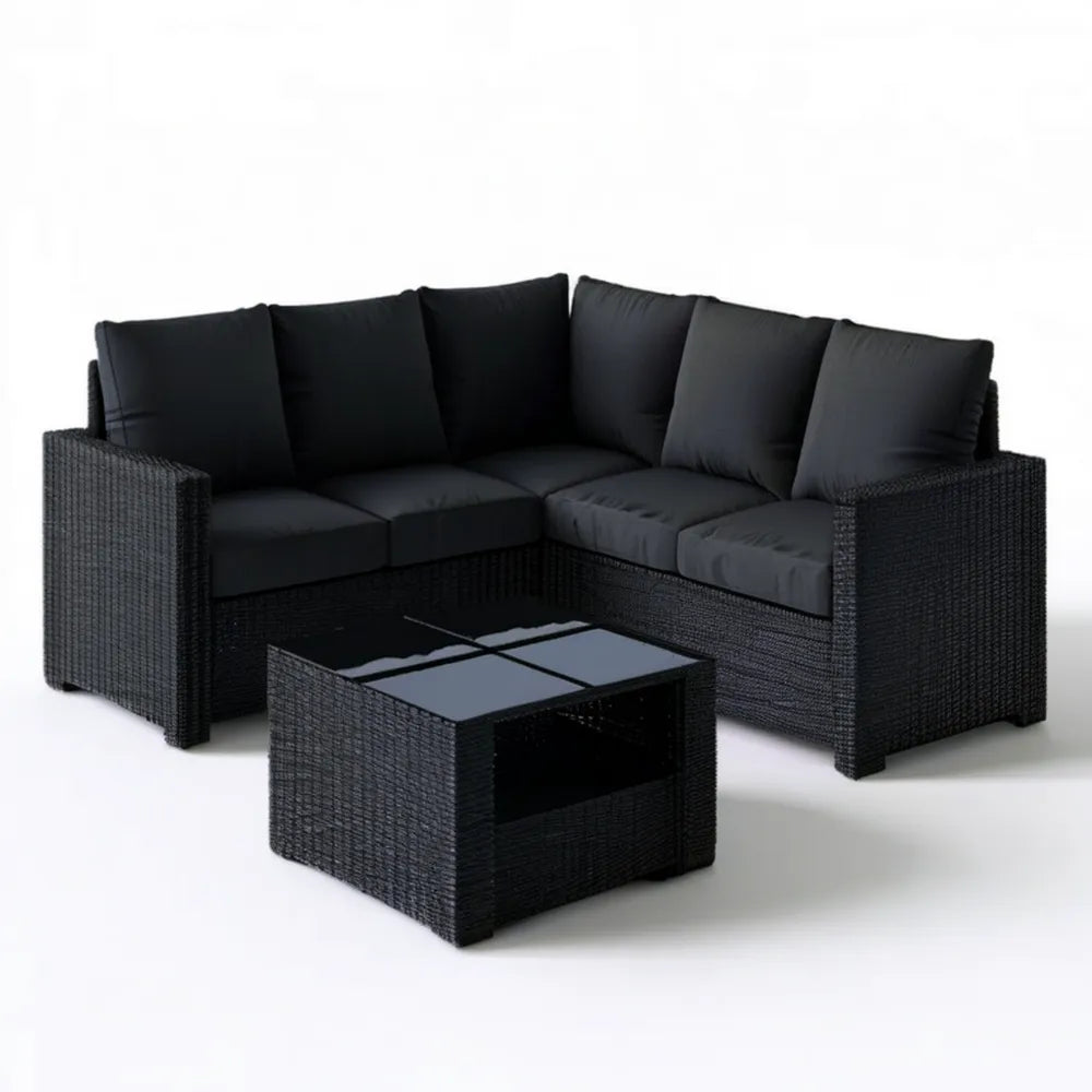Czarny narożny zestaw ogrodowy z technorattanu PE 218 × 218 × 63 cm ze stolikiem 60 × 60 × 35 cm