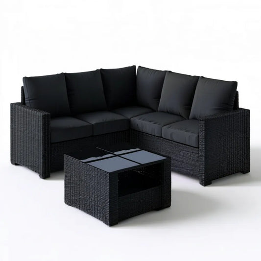 Czarny narożny zestaw ogrodowy z technorattanu PE 218 × 218 × 63 cm ze stolikiem 60 × 60 × 35 cm