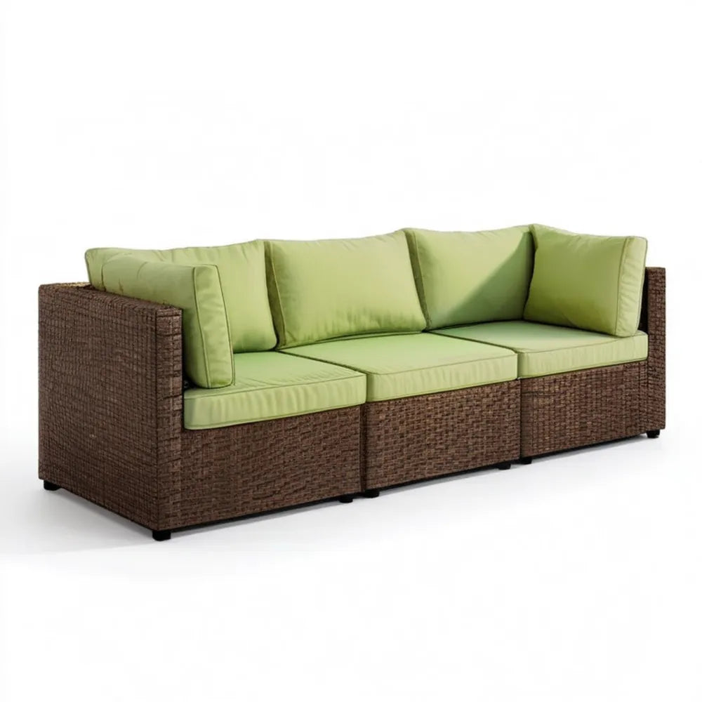 Trzyosobowa sofa ogrodowa z technorattanu PE 180 x 70 x 70 cm brązowa z zielonymi poduszkami