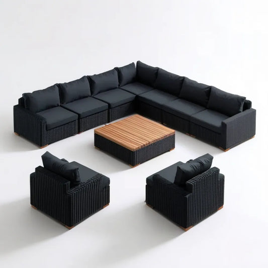 Modułowy narożnik ogrodowy z technorattanu z poduszkami i stolikiem 300 x 300 cm, czarny/brązowy