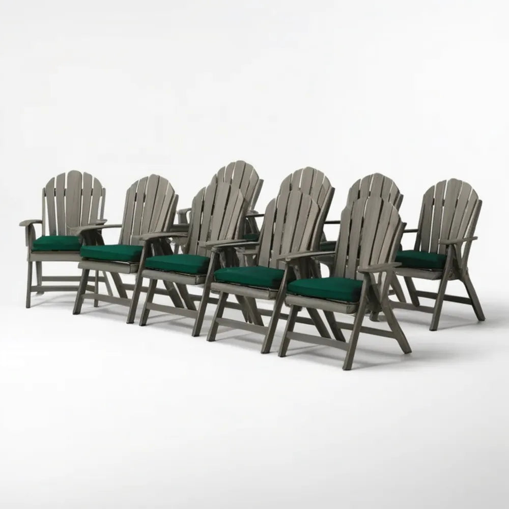 Zestaw 6 składanych foteli ogrodowych Adirondack z litego drewna akacjowego, szarych z ciemnozielonymi poduszkami, 75 × 83 × 92 cm