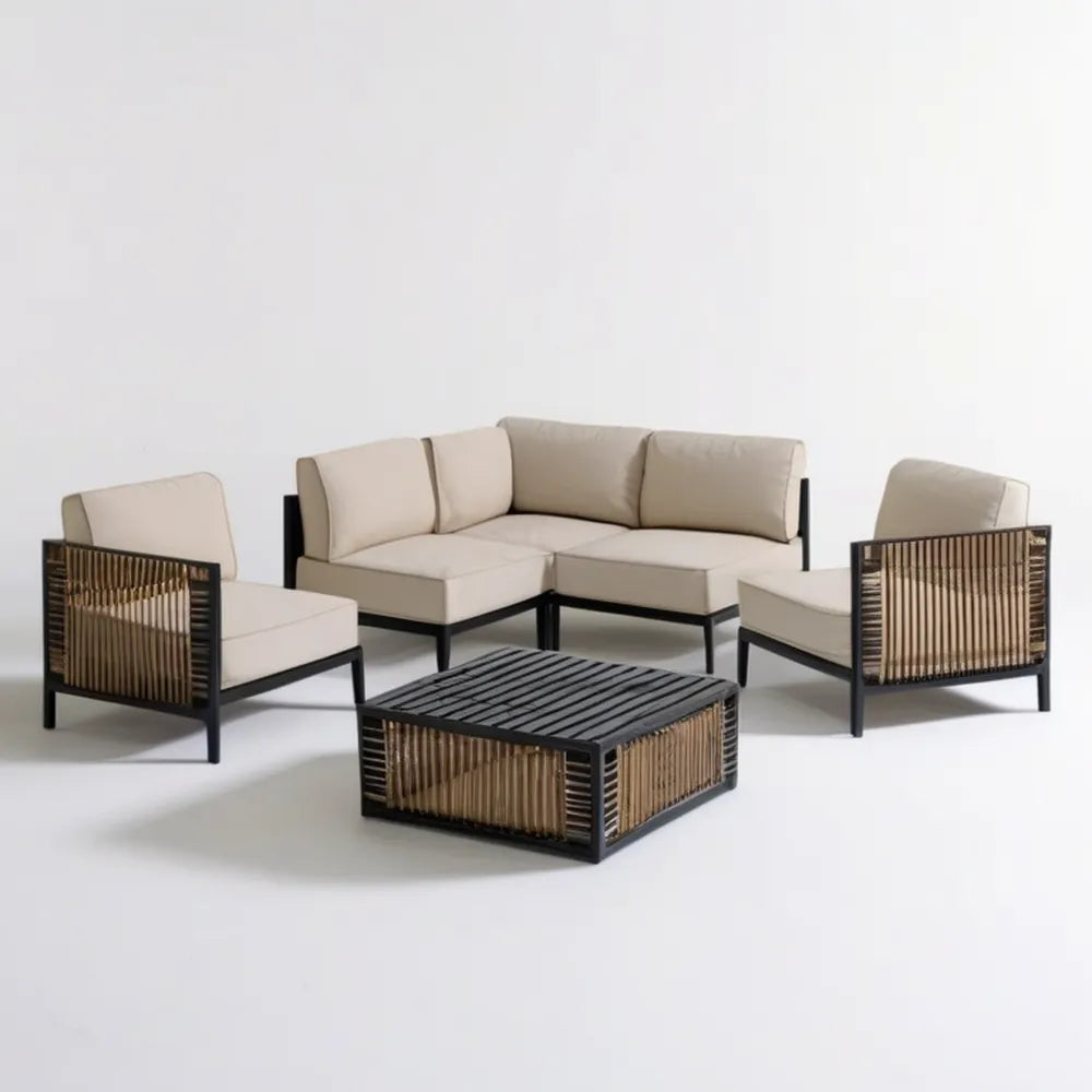 Ogrodowy zestaw wypoczynkowy: sofa narożna 160 x 80 x 70 cm, 2 fotele i stolik 100 x 60 x 35 cm, beżowo-czarno-brązowy