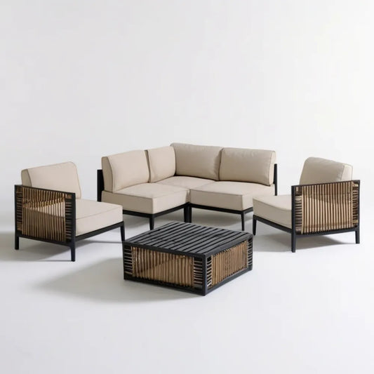 Ogrodowy zestaw wypoczynkowy: sofa narożna 160 x 80 x 70 cm, 2 fotele i stolik 100 x 60 x 35 cm, beżowo-czarno-brązowy