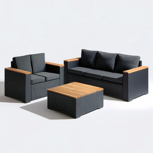 Czarny zestaw wypoczynkowy z plecionki PE z drewnem akacjowym, sofa 3-osobowa 180 × 70 × 70 cm, sofa 2-osobowa 130 × 70 × 70 cm i stolik 100 × 60 × 40 cm