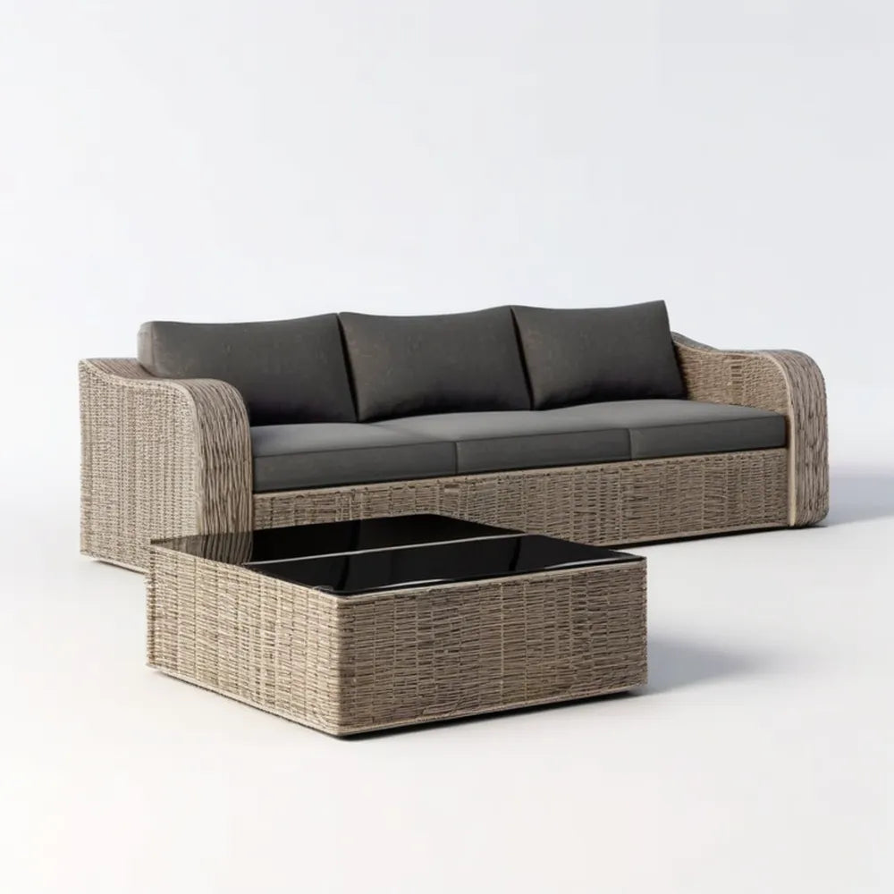 Zestaw ogrodowy z technorattanu: sofa 3-osobowa 200 × 80 × 75 cm i stolik 100 × 60 × 35 cm, szary/beżowy/czarny