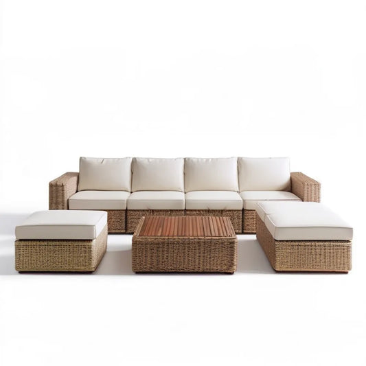 Beżowo-kremowo-brązowy zestaw ogrodowy z technorattanu PE, sofa 250 x 75 x 75 cm, stolik 100 x 60 x 42 cm, 2 podnóżki 75 x 75 x 35 cm