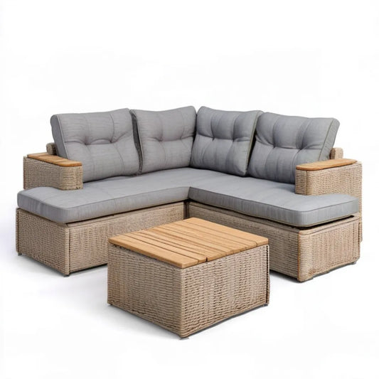 Narożna sofa ogrodowa z technorattanu PE z szarymi poduszkami i stolikiem akacjowym 210 x 210 x 82 cm