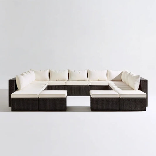 Modułowy zestaw wypoczynkowy z technorattanu PE w kształcie U, ciemnobrązowy z kremowymi poduszkami, 320 × 250 × 85 cm